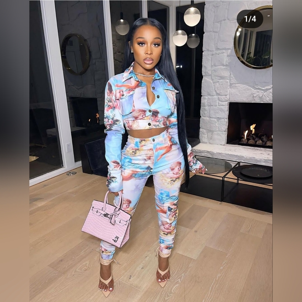 Shane Justin - Large Printed Crop Jacket and Pants Set